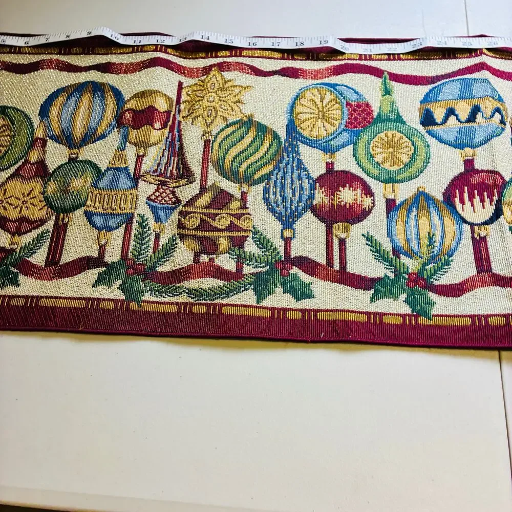 Vintage Christmas Tapestry Table Runner Holiday Ornament Garland Fringe 50